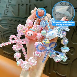 Kawaii Sanrio Kuromi Phone Chain W/Card Bowknot Beads Melody Cinnamoroll Charm Wrist Strap Earphone Case Pendant Bag Decor