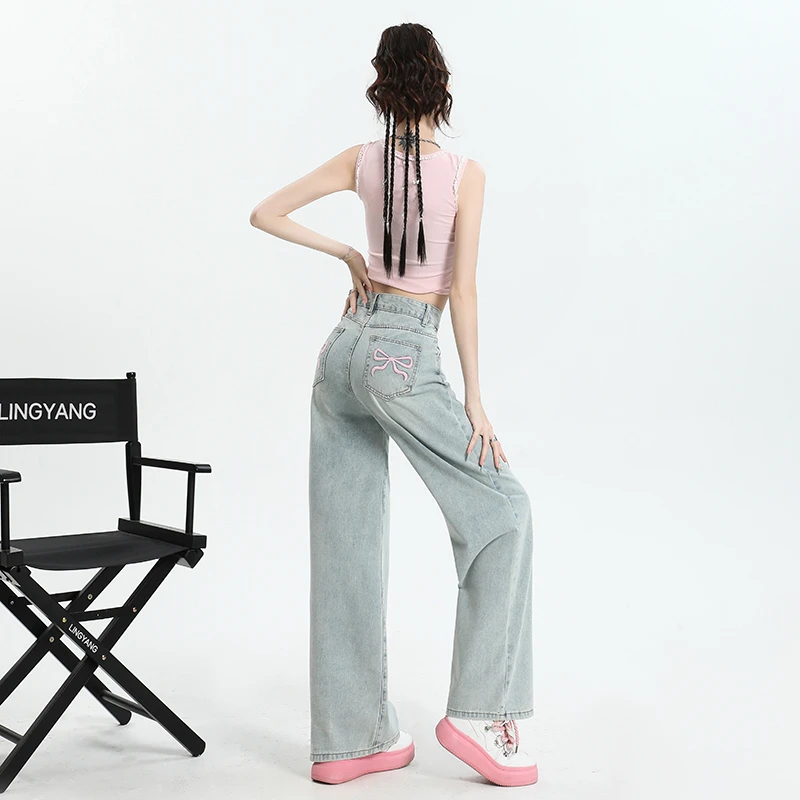 Jean droit taille haute pour femme, fin et Slim, ample, jambes larges, bleu clair, printemps et été 2025