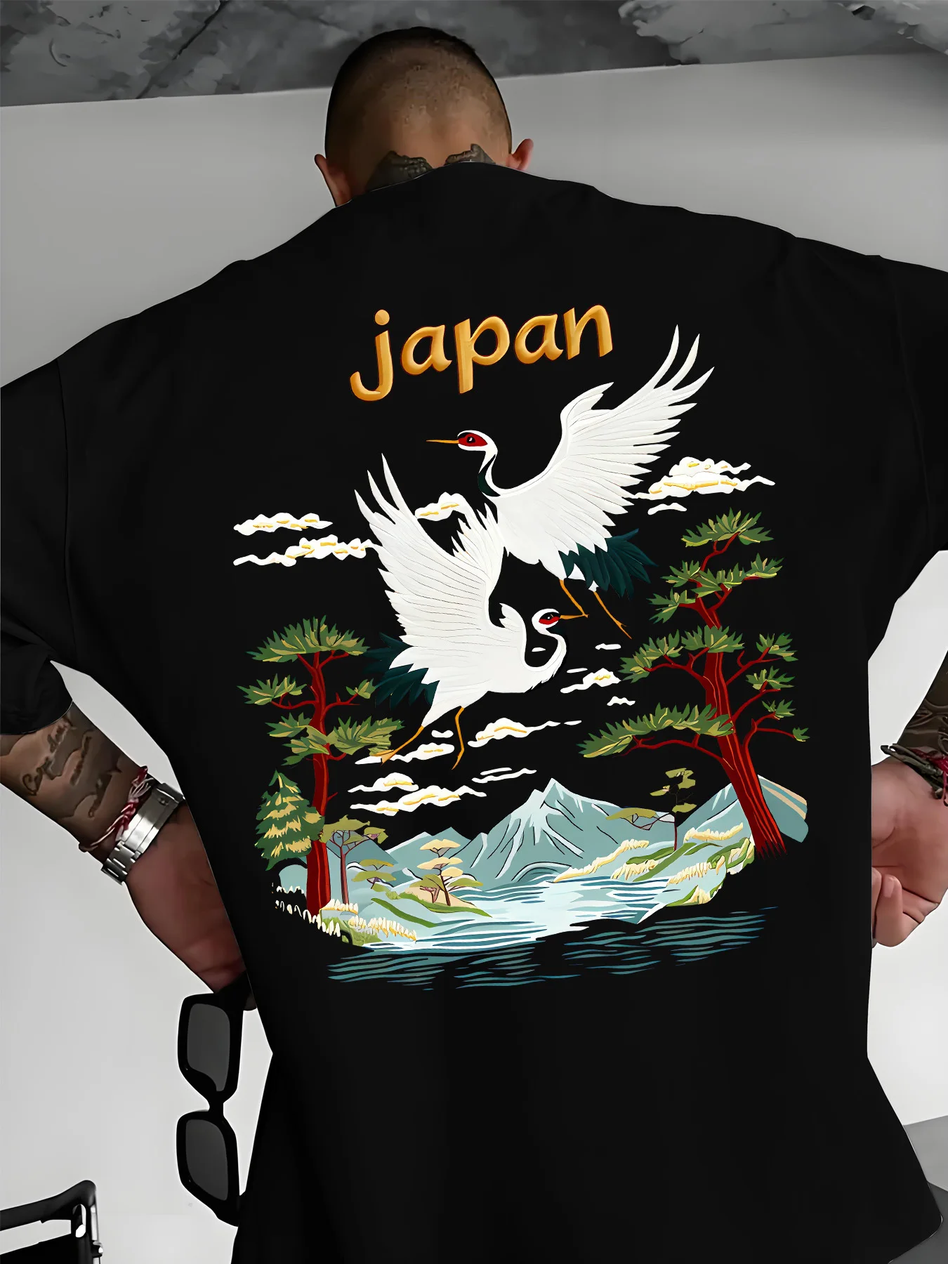 Men's 100% Cotton Japan Style T-Shirt Summer Loose Breathable Fashion Crane & Mount Fuji Print Casual Streetwear Tee Comfortable
