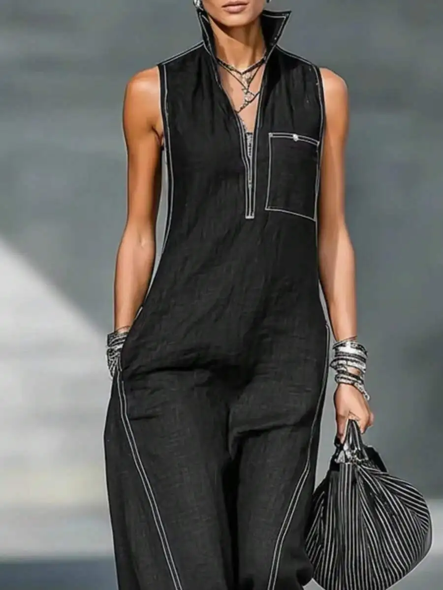 

Womens Sleeveless Stand Collar Loose Jumpsuit With Contrast Stitching Casual Summer Outfit