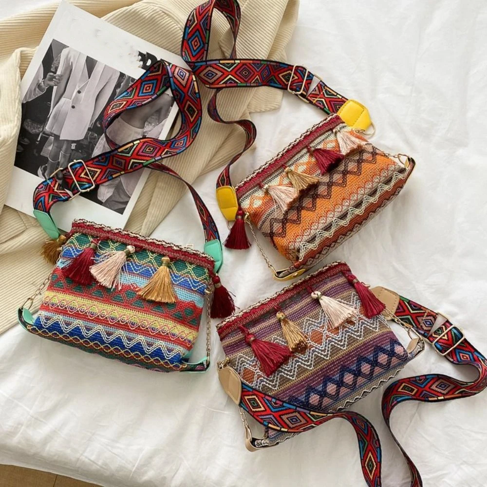

Tassel Ethnic Style Crossbody Bags Large Capacity Woven Fringe Shoulder Bag Handbag Geometric Bohemian Phone Bag Travel