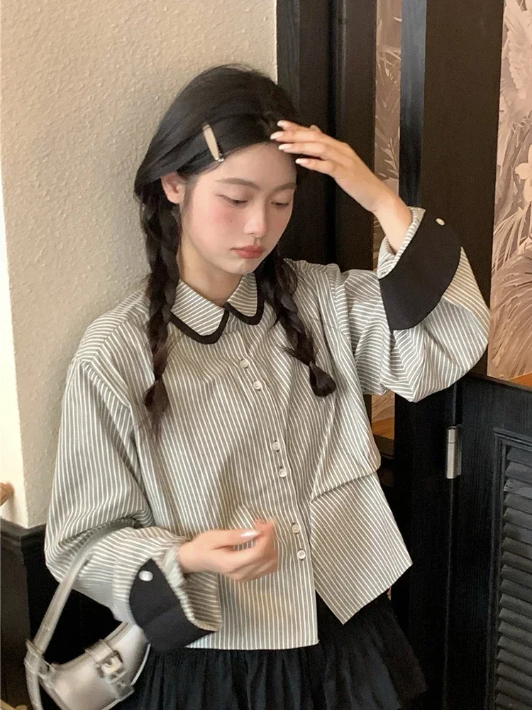 

Korean Cute Striped Shirt Women Preppy Style Vintage Long Sleeve Blouse Casual Peter Pan Collar Female Spring Retro Tops