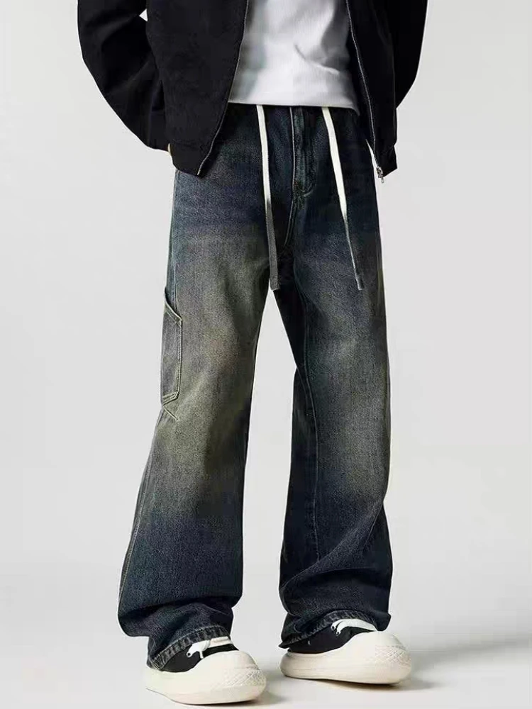 

Мужские джинсы в американском ретро-стиле, 3D-эффект, рабочие, свободные, прямые, повседневные, длинные брюки из смесового хлопка и полиэстера