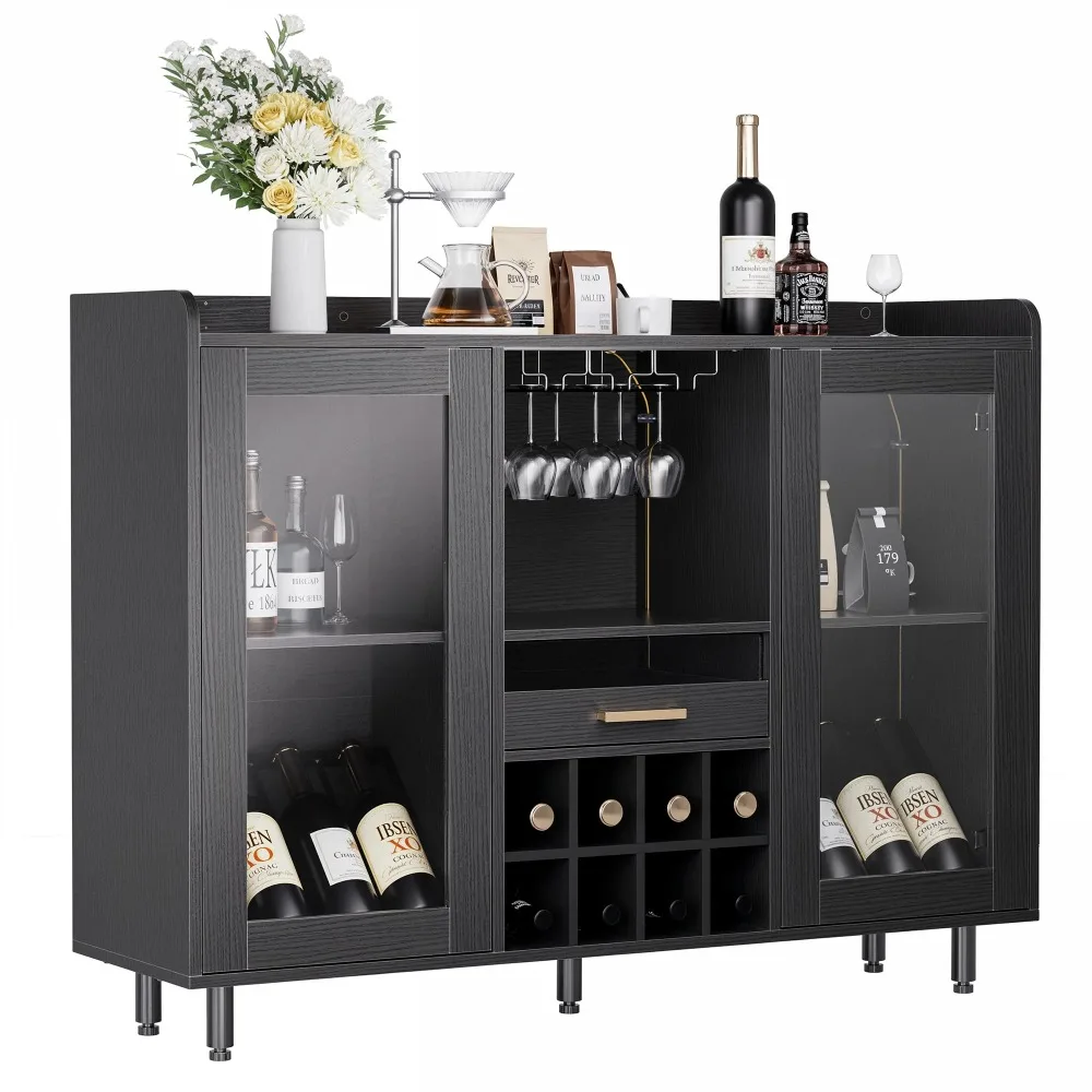 Wine Bar Cabinet Buffet Sideboard Cabinet with Wine Rack, Power Outlets, LED Light, Black
