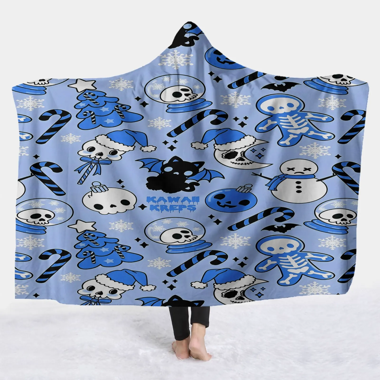 1pc Christmas Skeleton Blues Pattern Hooded Blanket - Soft And Comfortable Fleece Blanket, Warm Throw, Suitable for Sofa Cover