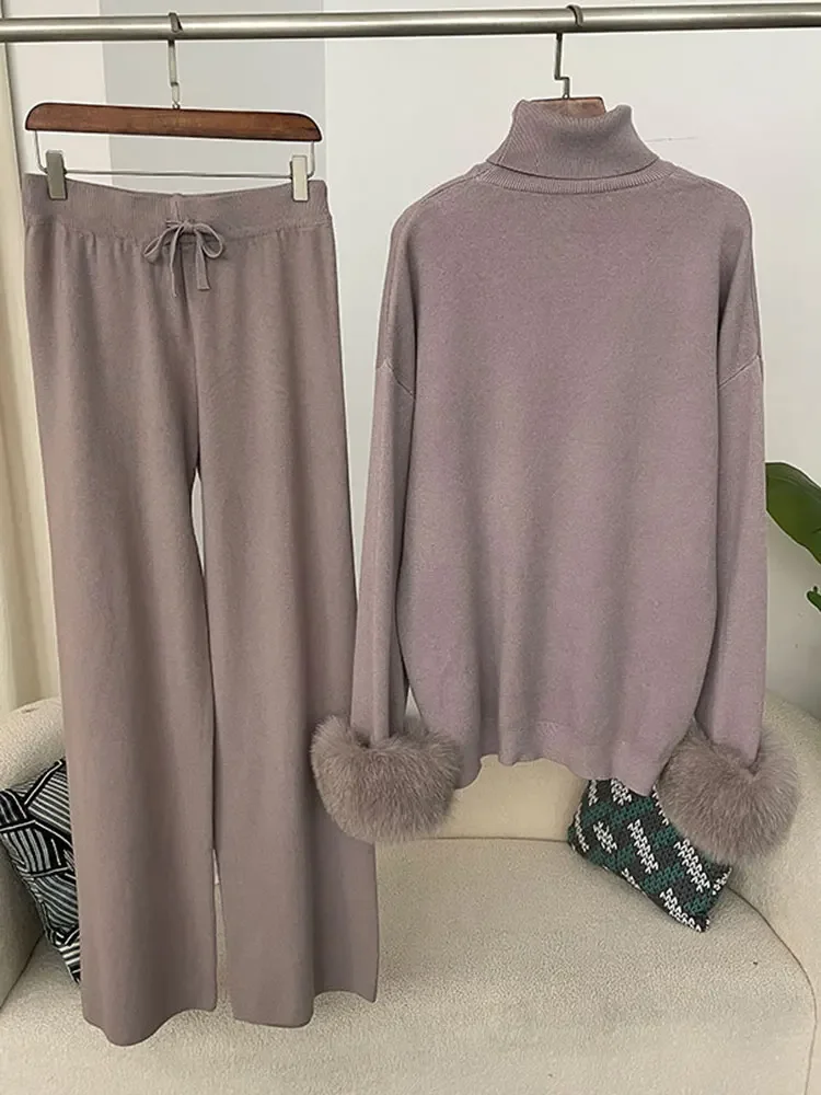 MENINA 2024 New Fashion Autumn Winter Natural Real Fox Fur Cuffs Coat Knitted Sweater Women Long Pants Set Jacket Thick Warm