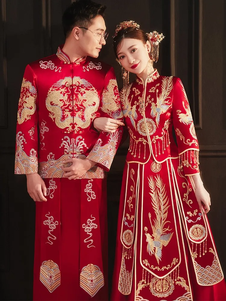 

Новое свадебное платье невесты в китайском стиле, женское платье с драконом и фениксом