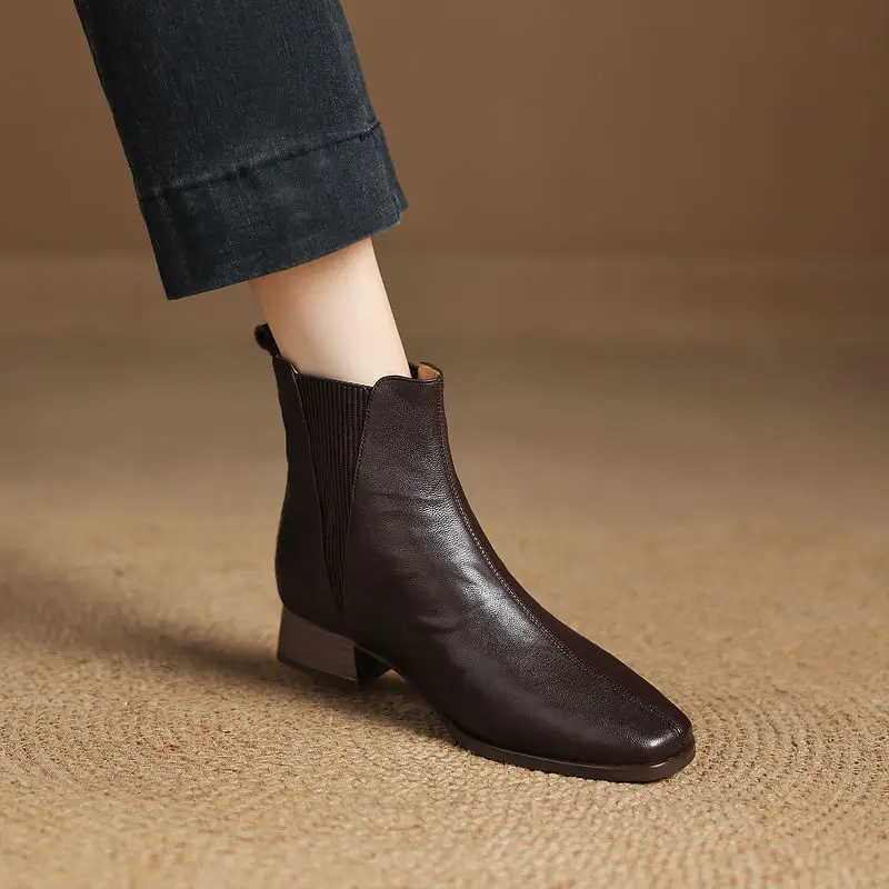 NEW Autumn Women Boots Genuine Leather Shoes for Women Square Toe Mid Heel Shoes Concise Slip-on Short Boots Comfort Daily Shoes
