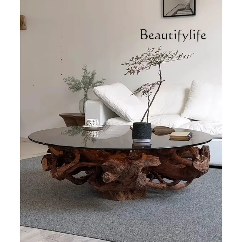 BJ Wabi-**** windshield round tea table natural tree root tea table design villa living room household coffee table