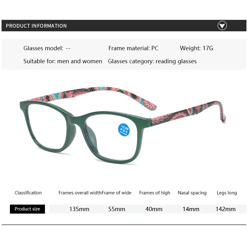 Fashion Green Purple Frame Reading Glasses Flower Print Resin Read Eyeglasses Magnifying Presbyopic Eyewear +1.0~+4.0