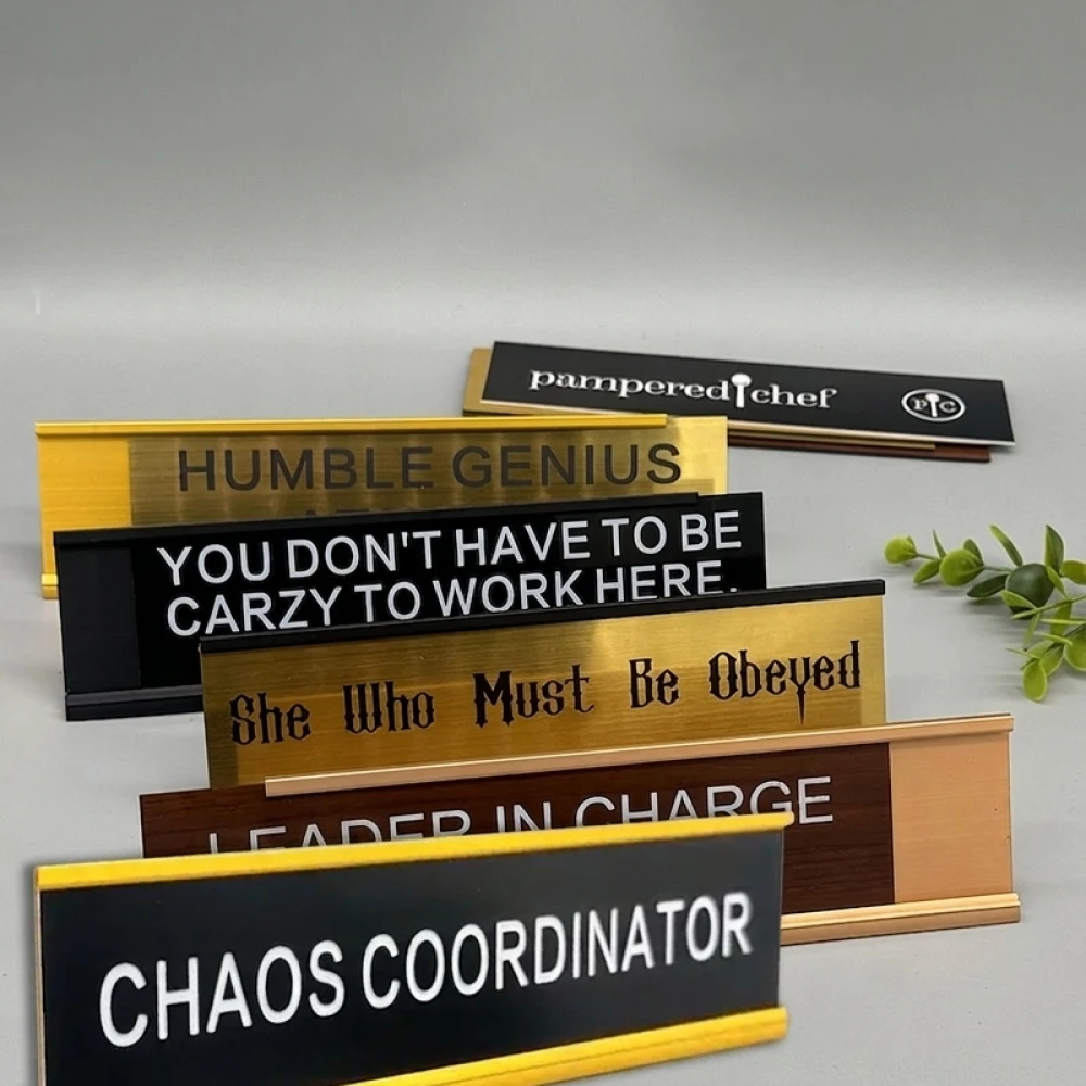 Aluminum Desktop L Shape Name Plate Custom Office Counter Plaque Signage Waterproof Laser Engraving Business Display Stand