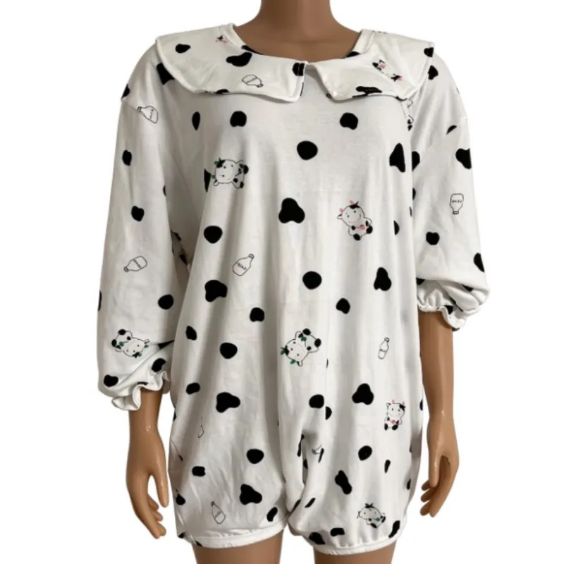 S-5XL Adult Cotton Cartoon Pattern Jumpsuit ABDL Peter Pan Collar Short Sleeve Onesie Soft Comfortable Couple Rompers Bodysuits