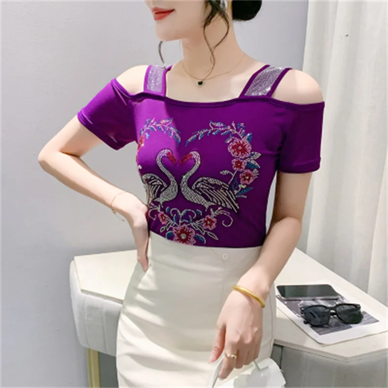 M-3XL Streetwear Meisje Zomer Cartoon Ontwerp Hot Diamanten T-Shirt Vrouwen Sexy Off Shoulder Slanke Mesh Tops Chique Luxe Bloem T-Shirts