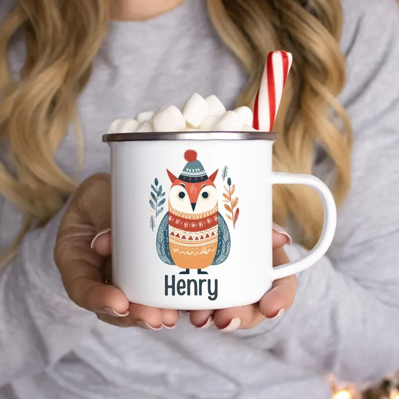 Personalized Kids Christmas Enamel Camping Mug Custom Name Winter Hot Chocolate Cup Cute Xmas Character Drinkware Holiday Gif