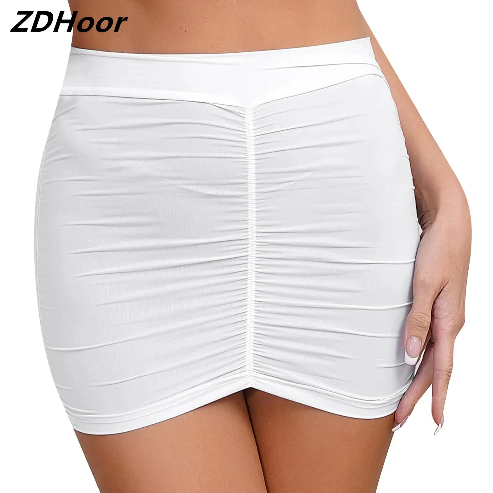 Womens Tempting Bodycon Mini Skirt Ruched Elastic Bands Semi-Sheer Skirt Hip Wrap Lingerie Skirt for Nightclub Nightwear