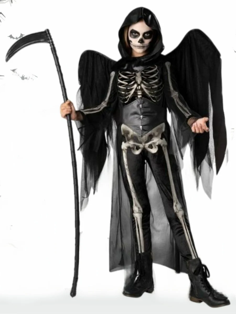 

Новый детский костюм для выступлений на Хэллоуин, костюм для косплея «Скелет ангел», костюм для детского сада, полиэстер, материал