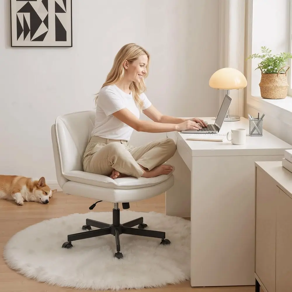 

Criss Chair with Wheels,Legged Oice Chair with 2 Layer Comty Leather & Back,ArmlWide Vanity Chair or Home Oice,Beige