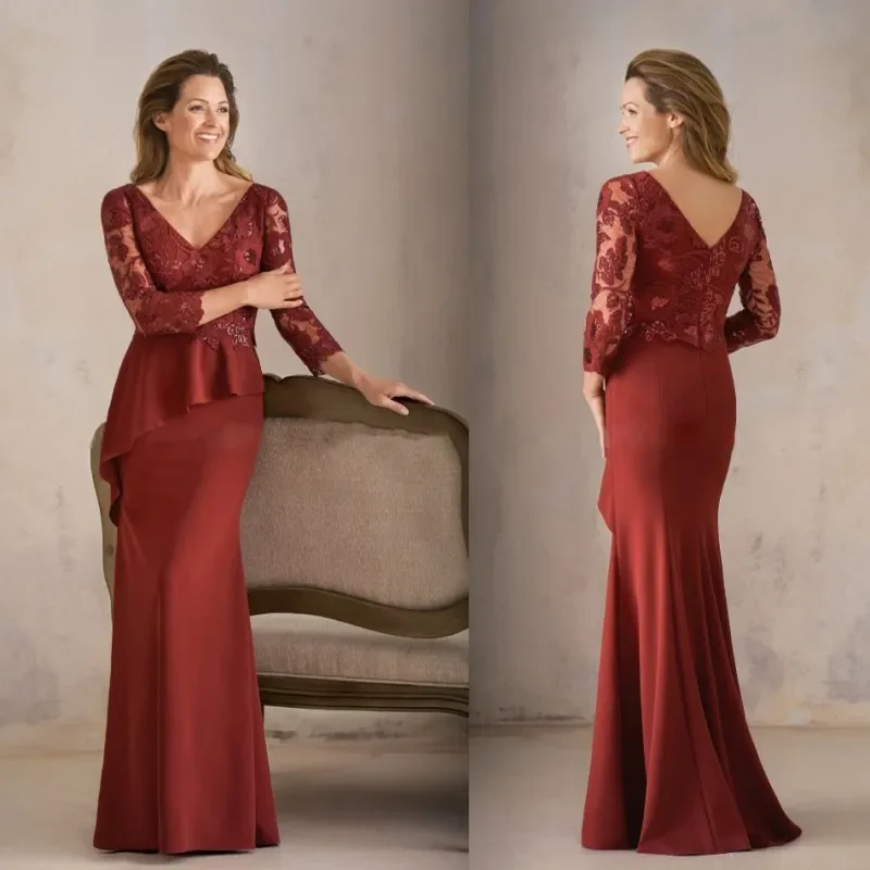 

New Burgundy Mother of the Bride Dresses 3/4 Sleeves Lace Appliqued Moms Gowns Plus Size Mermaid Woman Evening Dresses Bolero
