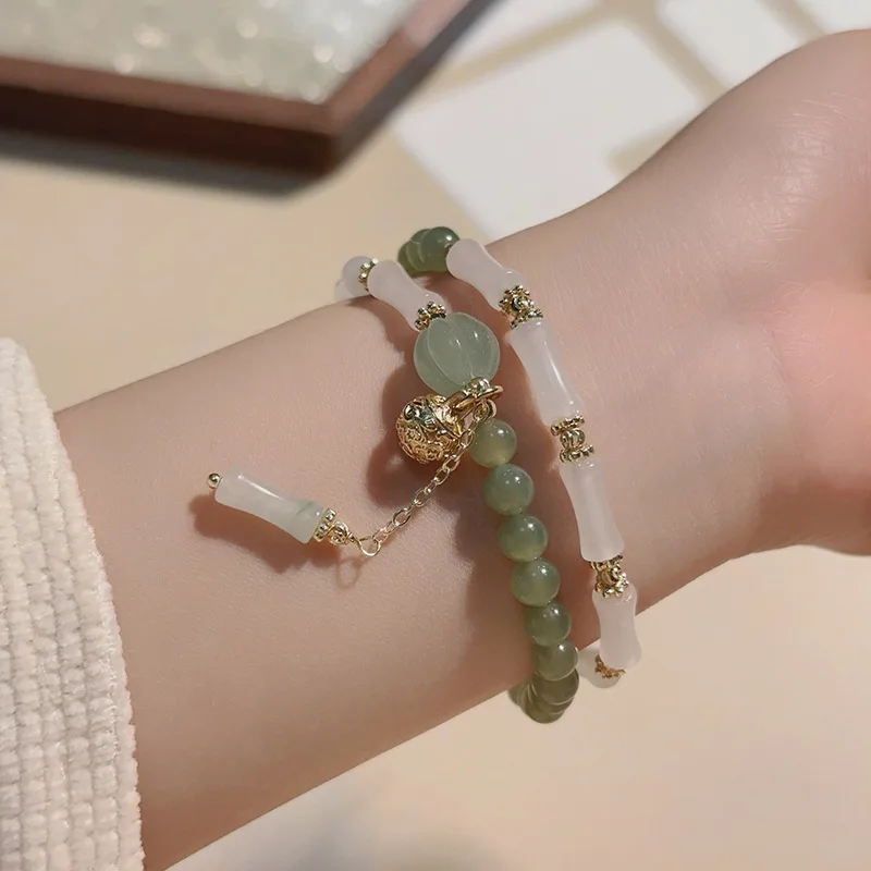 Natural Hetian Jade Beaded Bracelet Dongling Jade Bamboo Joint Tianshan Green Bamboo Hand String Women Jewelry