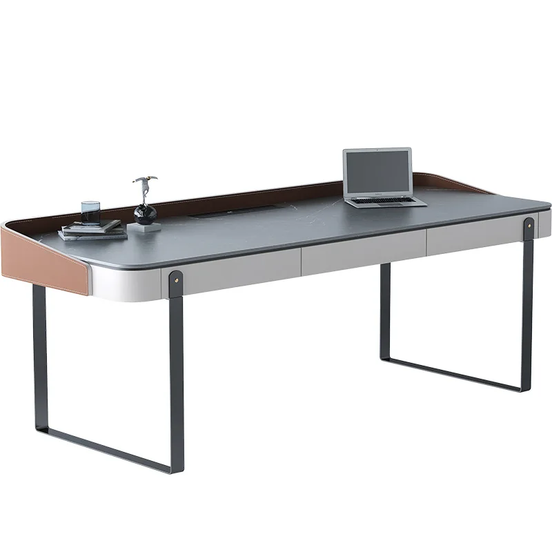 HXL Saddle Leather  Minimalist Stone Plate Desk with Drawer Computer Desk Office Desk