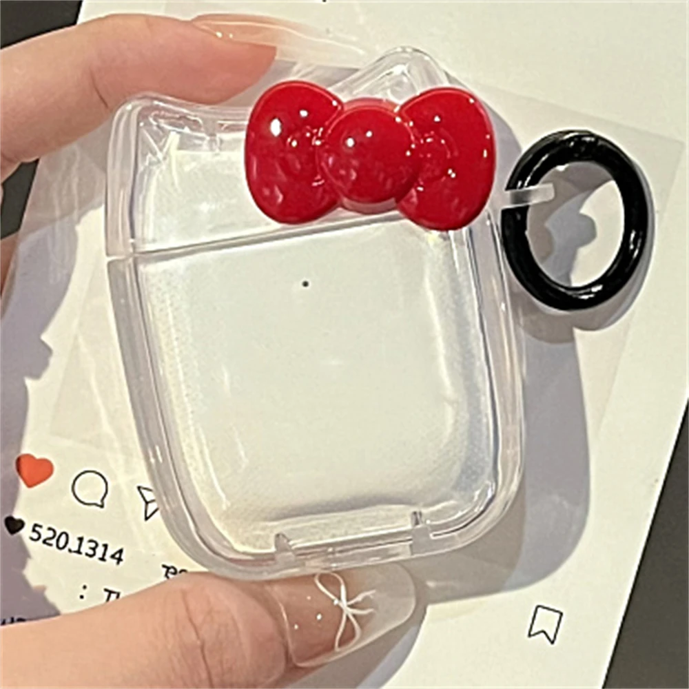 귀여운 빨간 나비 매듭 투명 헤드폰 보호 쉘 소프트 커버, 에어팟 1, 2, 3 용, 에어팟 프로 2 용 키체인 케이스 포함, 귀여운 3D