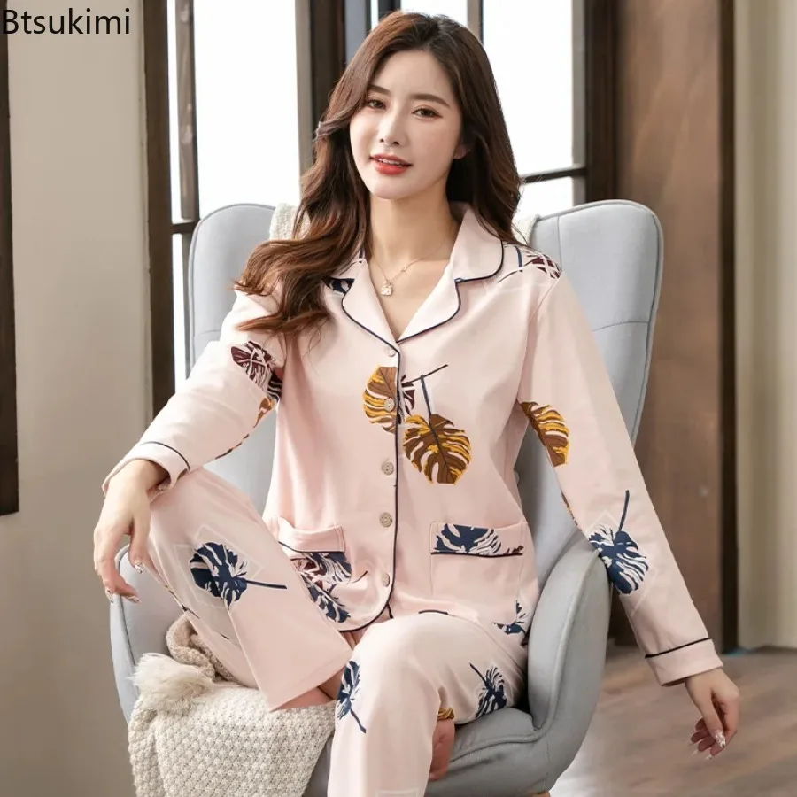 Women's Spring Autumn Pyjamas Full Cotton Long Sleeve Tops Set Female Pajamas Set Night Suit Sleepwear Long Pants Women Night
