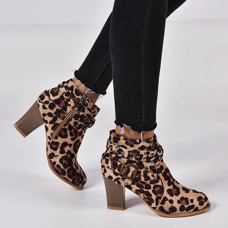 2024 Winter Ankle Boots Women High-heel Ladies Leopard Shoes Zipper Suede Office Buckle Rivets Metal Decoration Mature Party