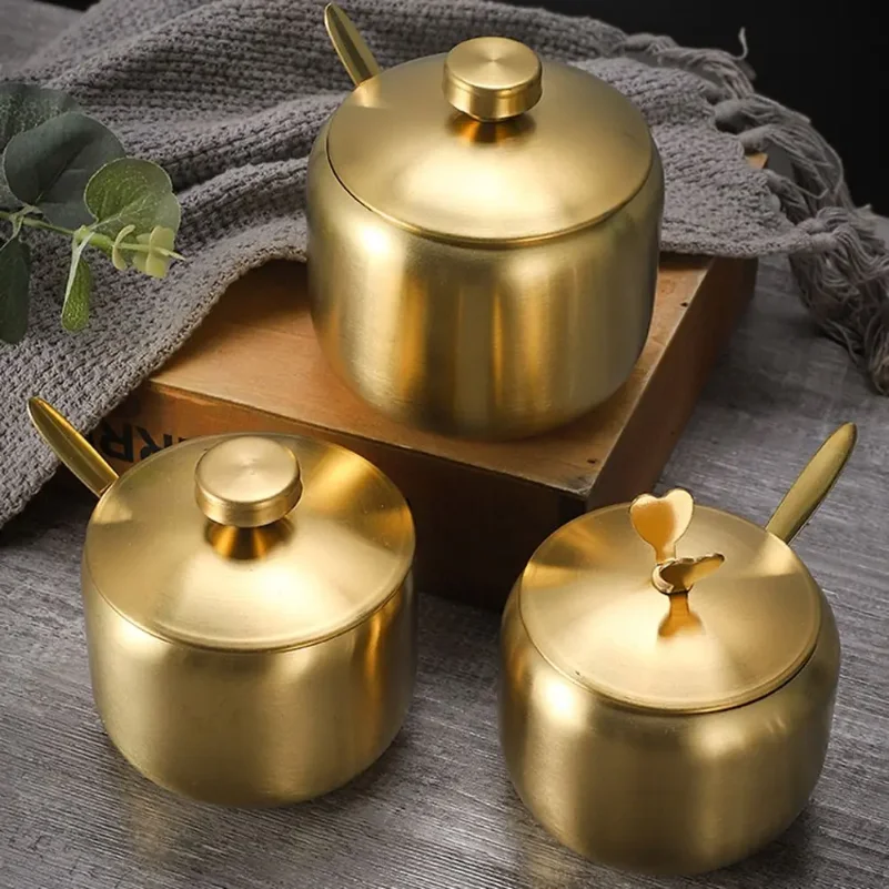 Gold Silver Sugar Bowl With Spoon Lid Stainless Steel Small Condiment Container Large Capacity Seasoning Pot Kitchen Spices Jar
