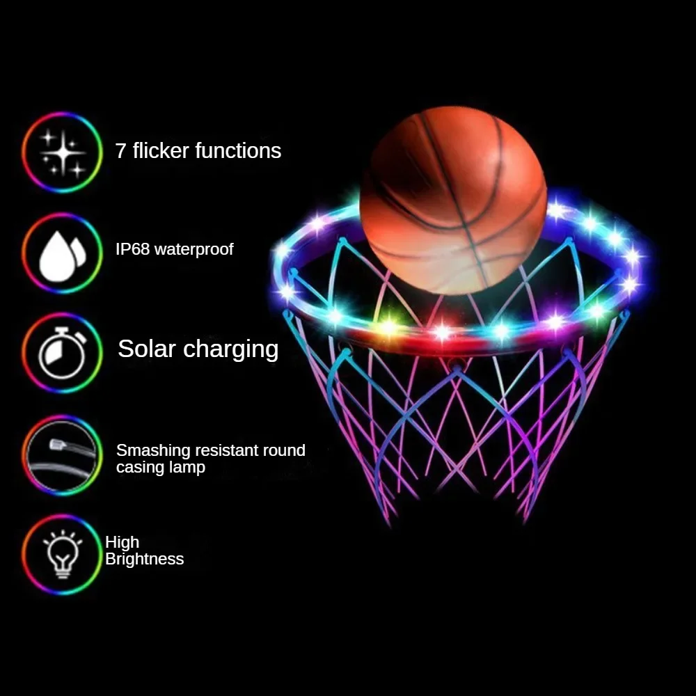 Solar LED Basketball Hoop Light, IP68 Waterproof, RGB 7 Color Changing 8 Lighting Flicker For Night Outdoor Basketball Games