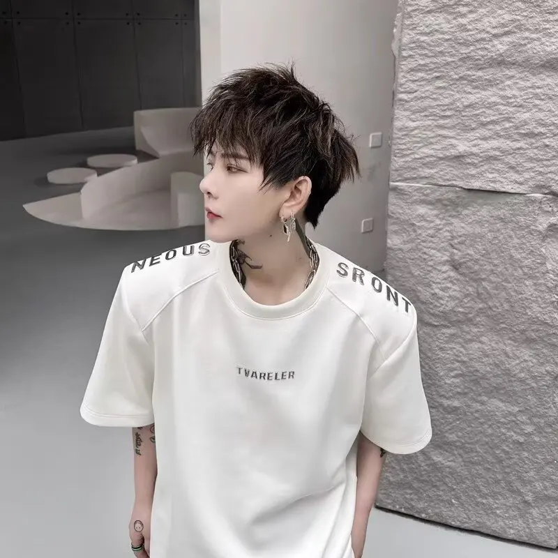 Summer Men's T-Shirt Shoulder Pads Short Sleeve Silver Letter Design Heavyweight Cool Feeling Loose Fit round Neck Half Sleeve