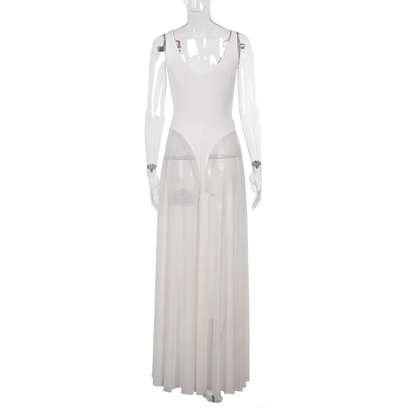 ผู้หญิงElegantโลหะหัวเข็มขัดSheerตาข่ายBodysuits Patchwork Maxi Party Vคอสปาเก็ตตี้สายรัดBacklessวันเกิดยาวRobe