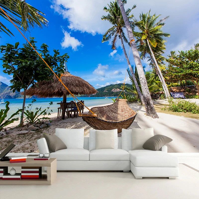 Tropical Beach Coconut Tree 3D Photo Wallpaper Modern Seaside Scenery Mural Wall Covering for Bedroom Living Room TV Sofa