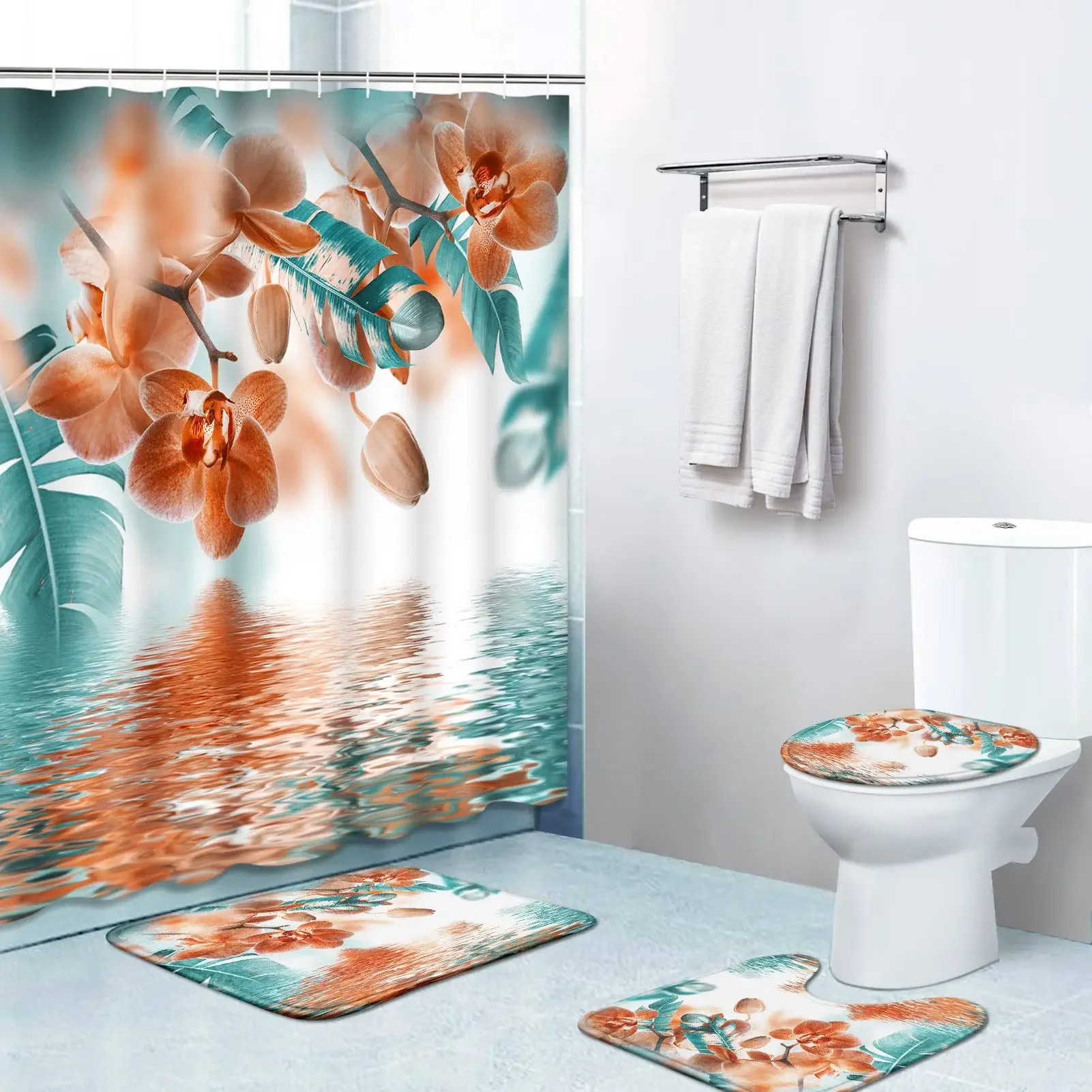 Retro Teal Flowers Floral Turquoise Rose with Non-Slip Rugs Shower Curtain Toilet Lid Cover and Bath Mat Waterproof Bathroom Set