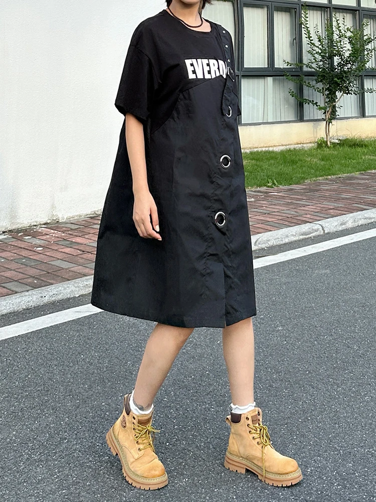YERMORA Frauen Schwarz Gefälschte Zwei Stück Gedruckt Casual T-shirt Kleid Oansatz Kurzarm Lose Neue Mode Flut Frühling Sommer 2025