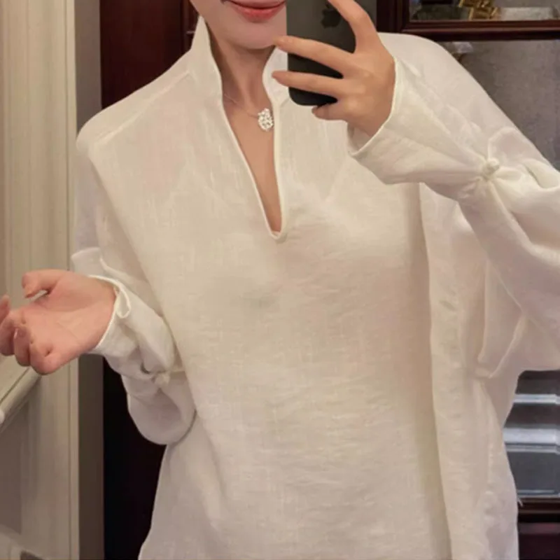 

2026 Spring New Chinese Style White Shirt for Women Minimalist Elegant V Neck Casual Top