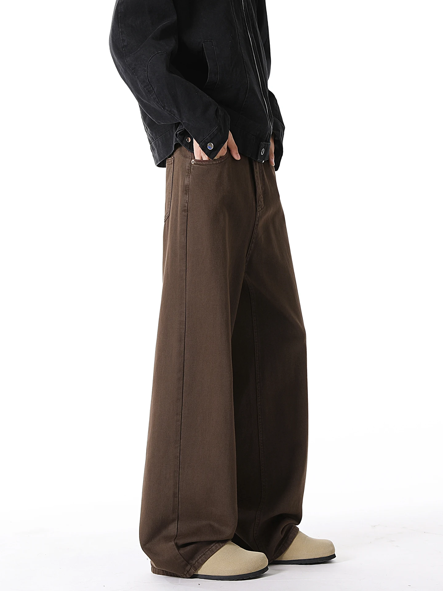 

Retro Waed Coffee Straight Leg Men's Jeans CleanFit American High Street Loose Wide Leg Casual Trousers mid Waist Zipper