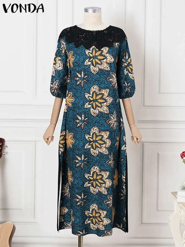 Plus Size VONDA 2024 Bohemian Floral Printed Maxi Long Dress Women Puff Sleeve Summer Robe Split Lace Patchwork Beach Vestido