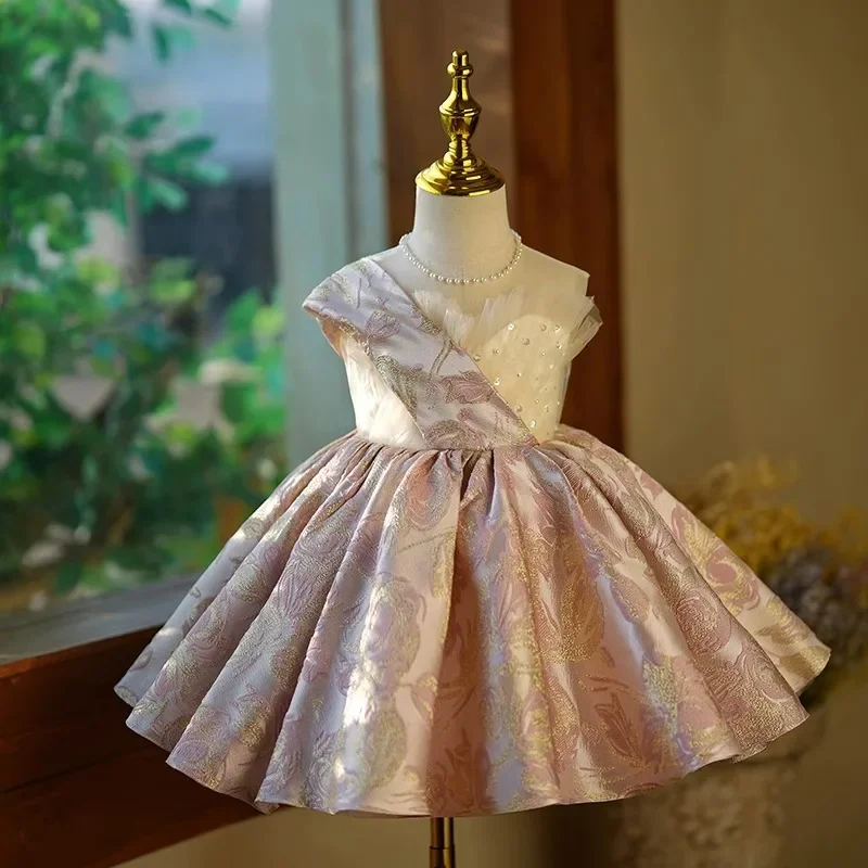 Robe de Princesse Plissée à Col Rond Personnalisée pour Enfant, Vêtement Imprimé en Fibre de Fleur, Patchwork en Maille, Motif Floral Fin, pour Anniversaire