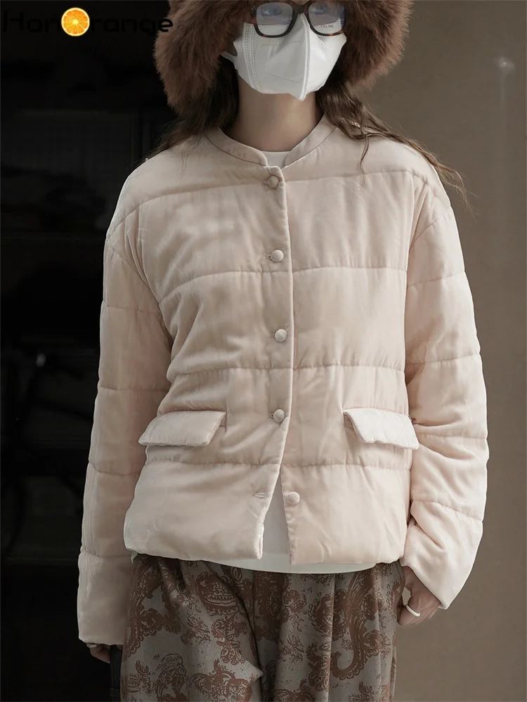 

HanOrange 2025 Winter Simple Lazy O-neck Single Breasted Goose Down Jacket Women Warm Pocket Parkas Pink