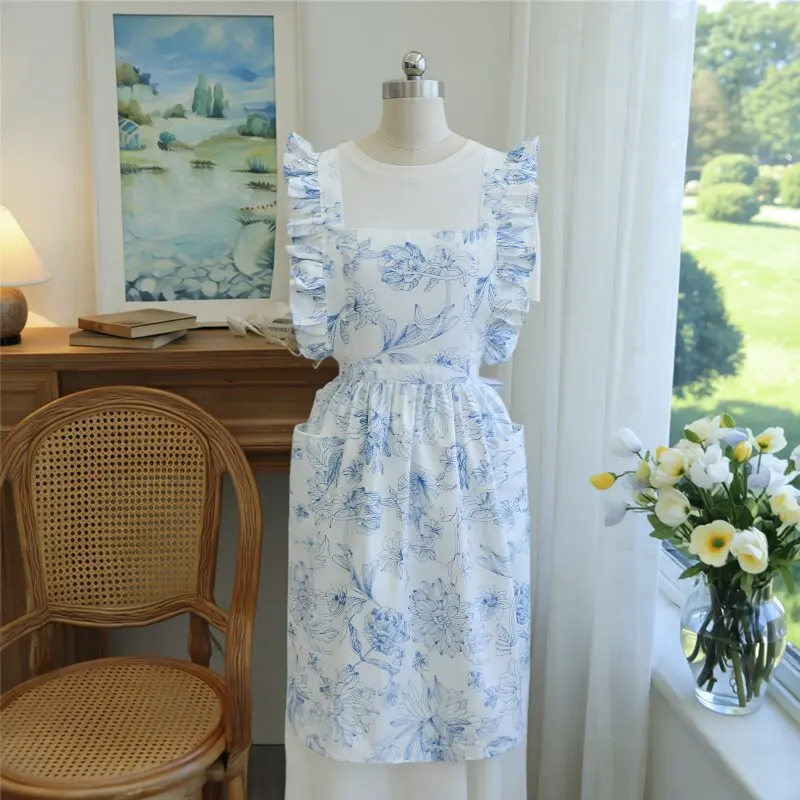 French Bright Blue Floral Apron, Anti Fouling and Wear-resistant Apron, Princess Style Gardening Apron, Artistic Apron