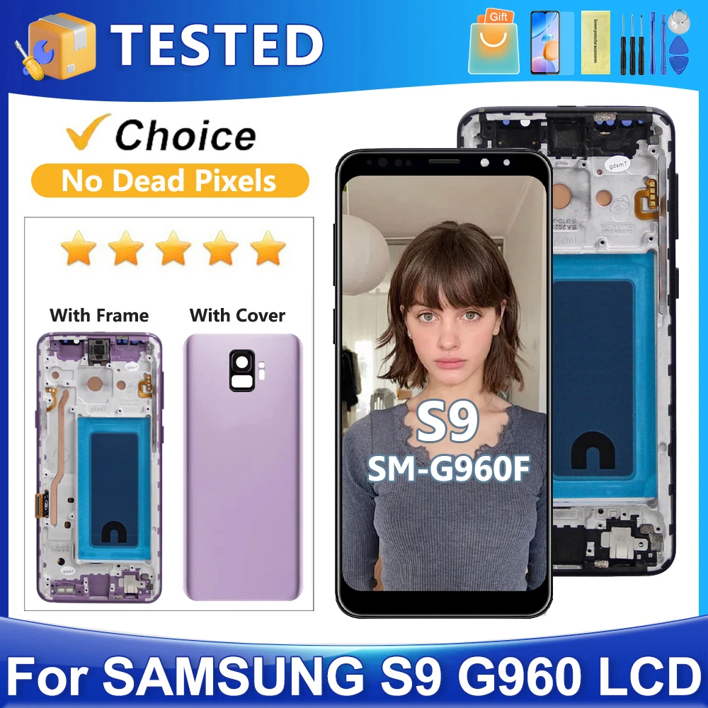 samsung-s9用、g960f-g960-g960u-g960w-g960n-g960x対応、テスト済みlcdディスプレイタッチスクリーンデジタイザーアセンブリ交換品