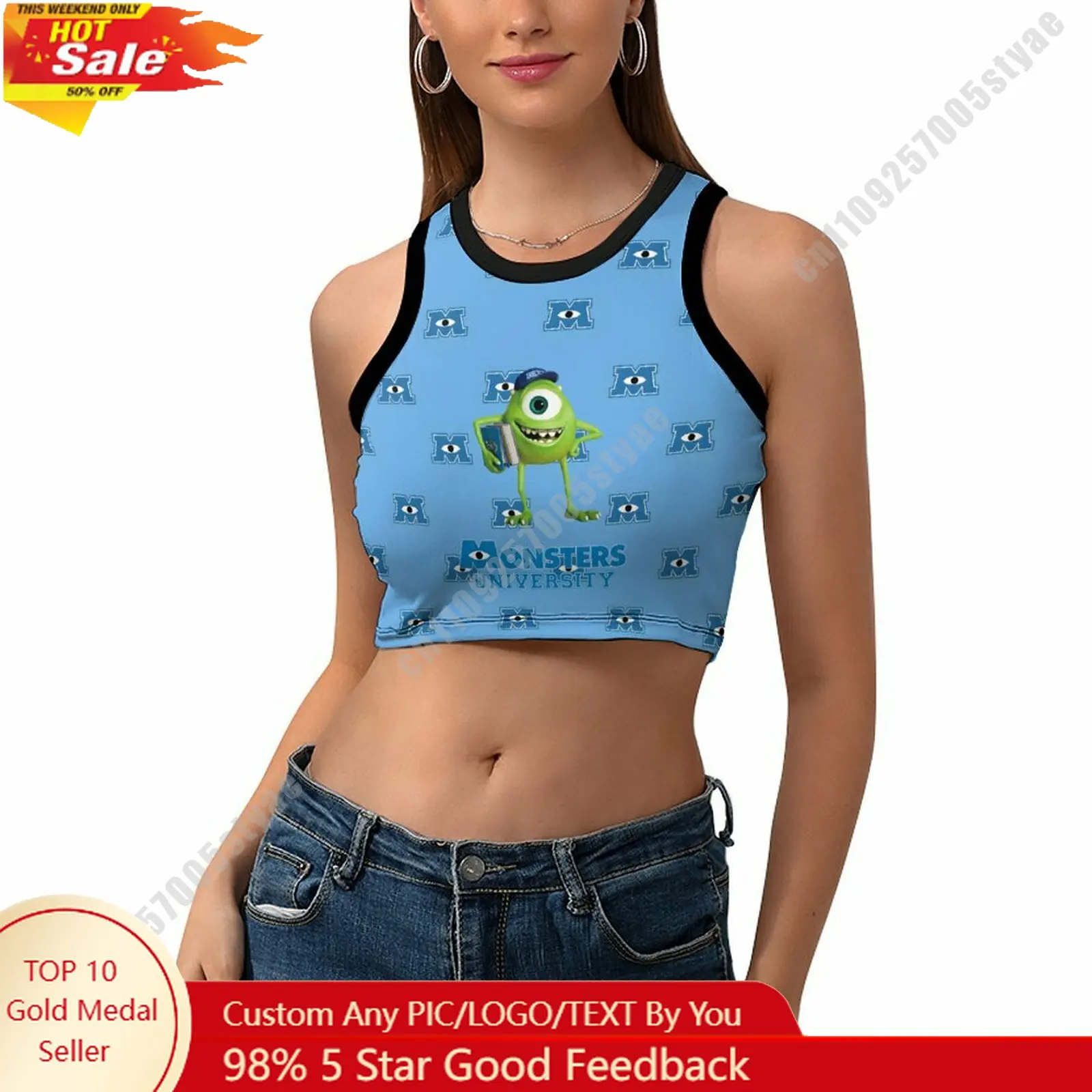 

Mike Wazowski Vest Disney Pattern Custom Photo Text Crop Tank Racerback Vest Personalized Graphic Sleeveless Crop Top