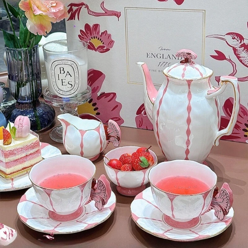 

Classic Butterfly 1 Pot 2 Cup Saucers Sugar Milk Bone China Cup Saucer Exquisite Afternoon Tea Gift Box