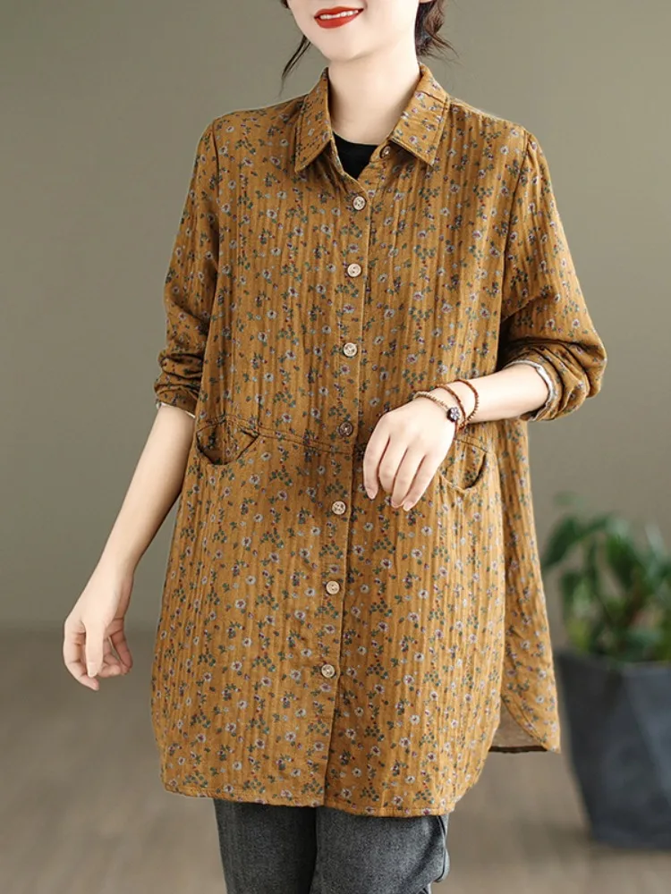 

Retro Floral Cotton irt Women's Mid-Length Casual Long Sve Open Cardigan Top Spring Outerwear Loose Mom Sle Clothing