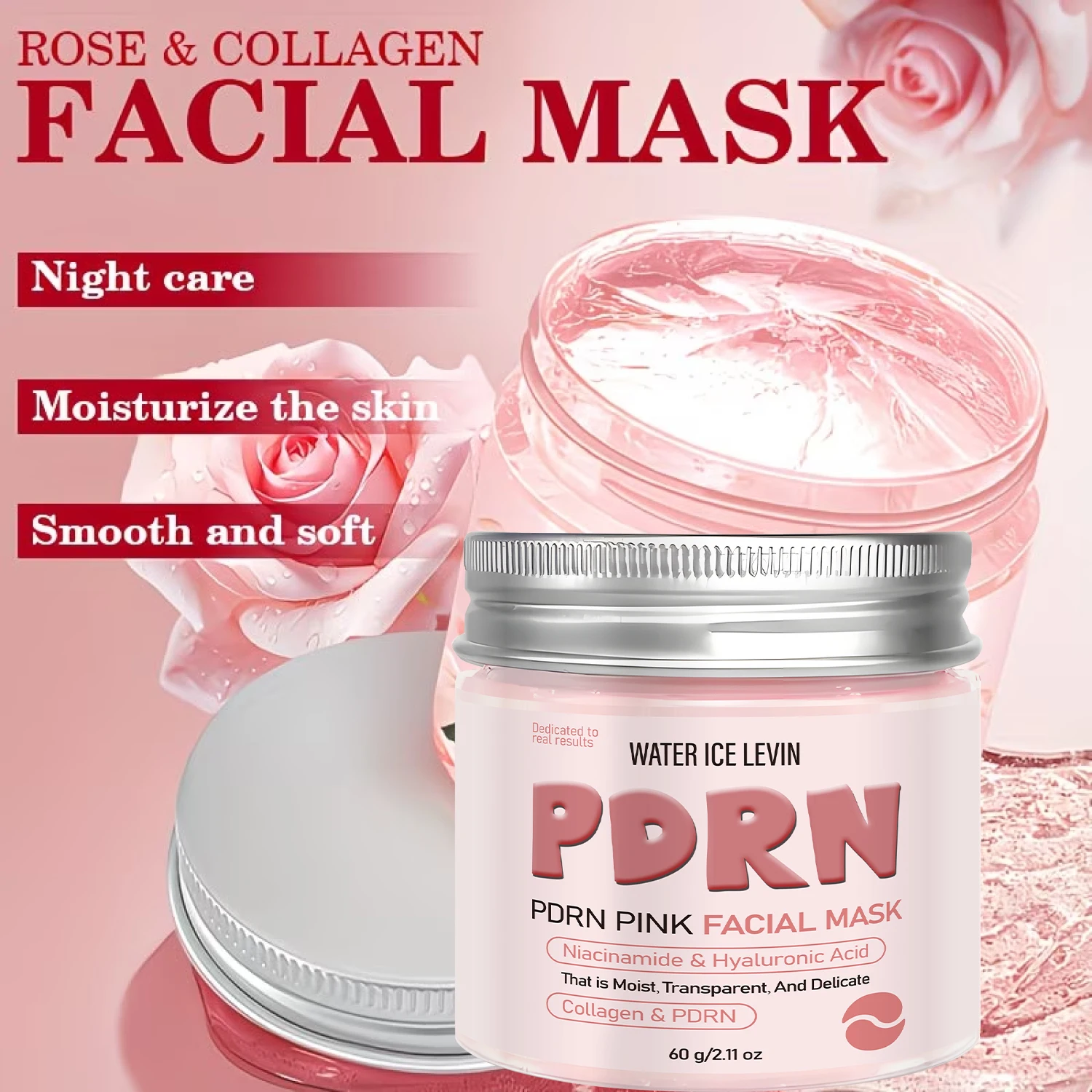 WATER ICE LEVIN PDRN Pink Facial Mask with Niacinamide Collagen Hyaluronic Acid Moisturizing Firming Hydrating 60g Daily Care