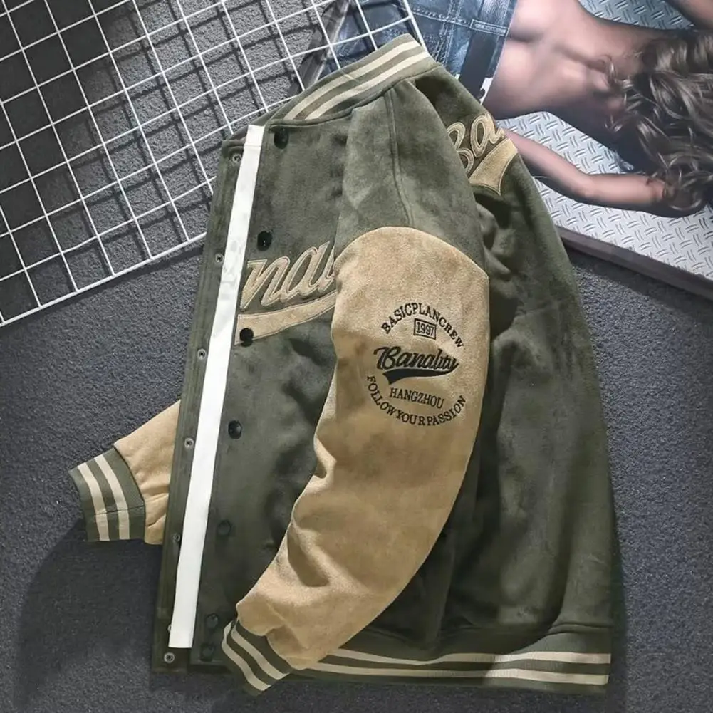 Embroidery Letter Print Men Suede Jacket Baseball Coat Stand Collar Long Sleeve Single Breasted Jacket Patchwork Color Outwear
