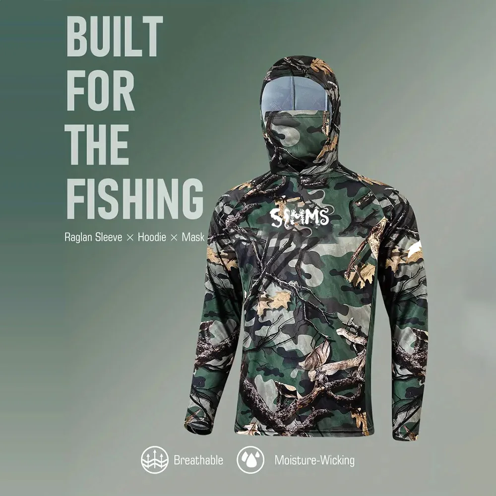 Fishing shirt hooded outdoor UV protection plus men's leaf print moisture wicking UPF50+fishing suit quick drying top
