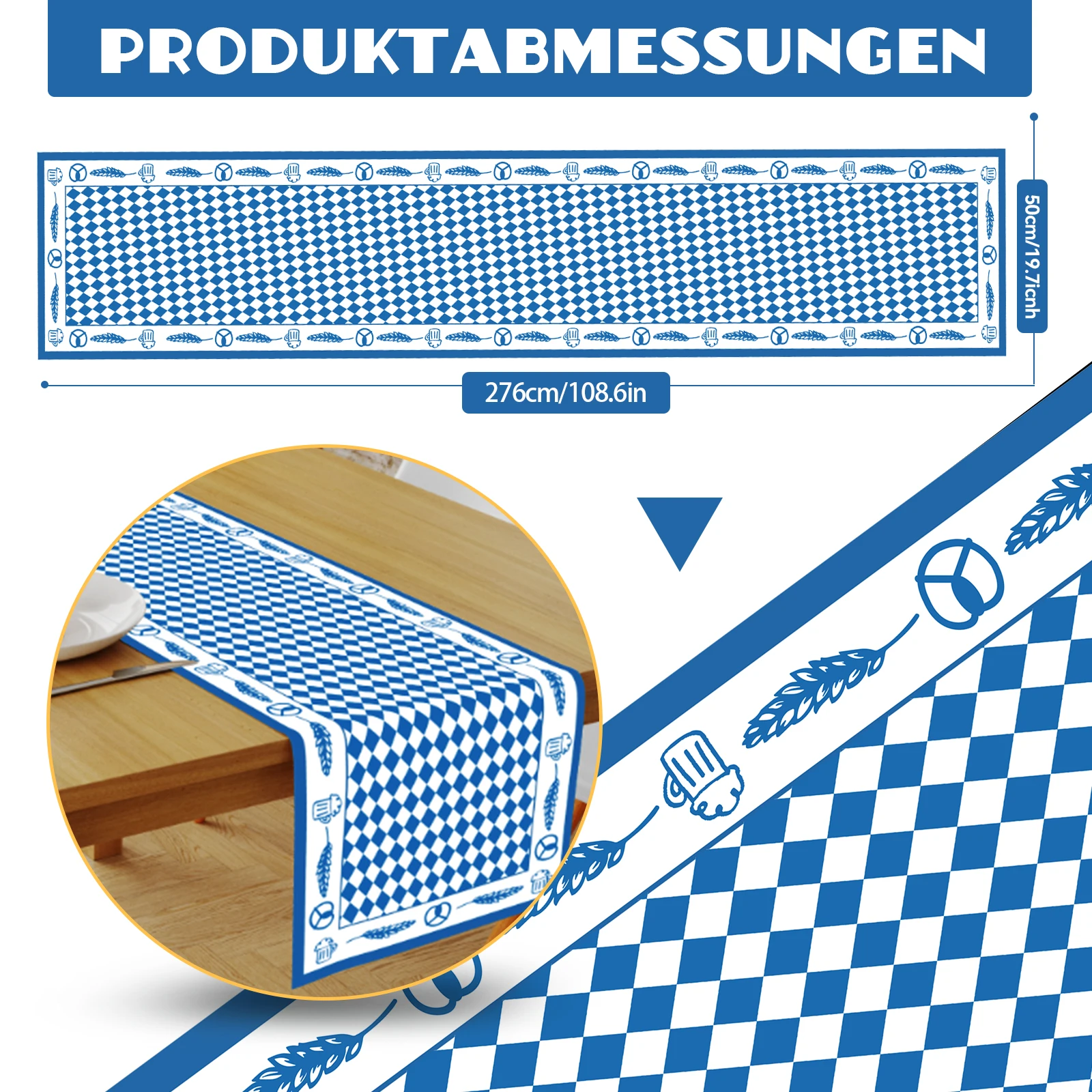 1pc Munich Beer Festival Table Flag Decoration 276x50cm Bavarian Table Decoration Blue and White Bavarian Table Decoration Beer
