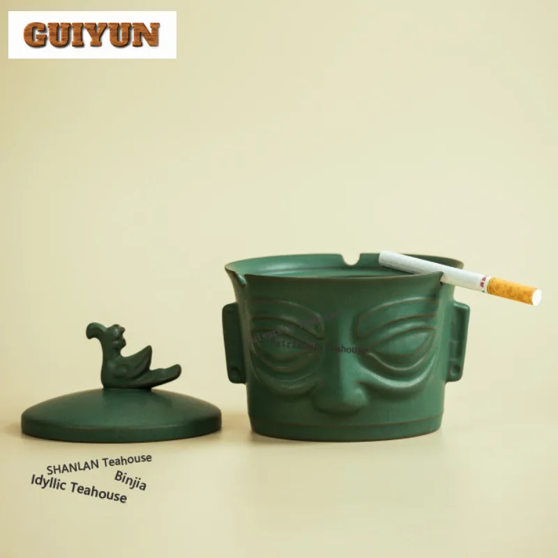 

Sanxingdui Mask Bronze Divine Bird Ashtray Aesthetic Tobacco Smoke Odor Removal Ash Tray Weed Smoking Tea Ceremony Collection