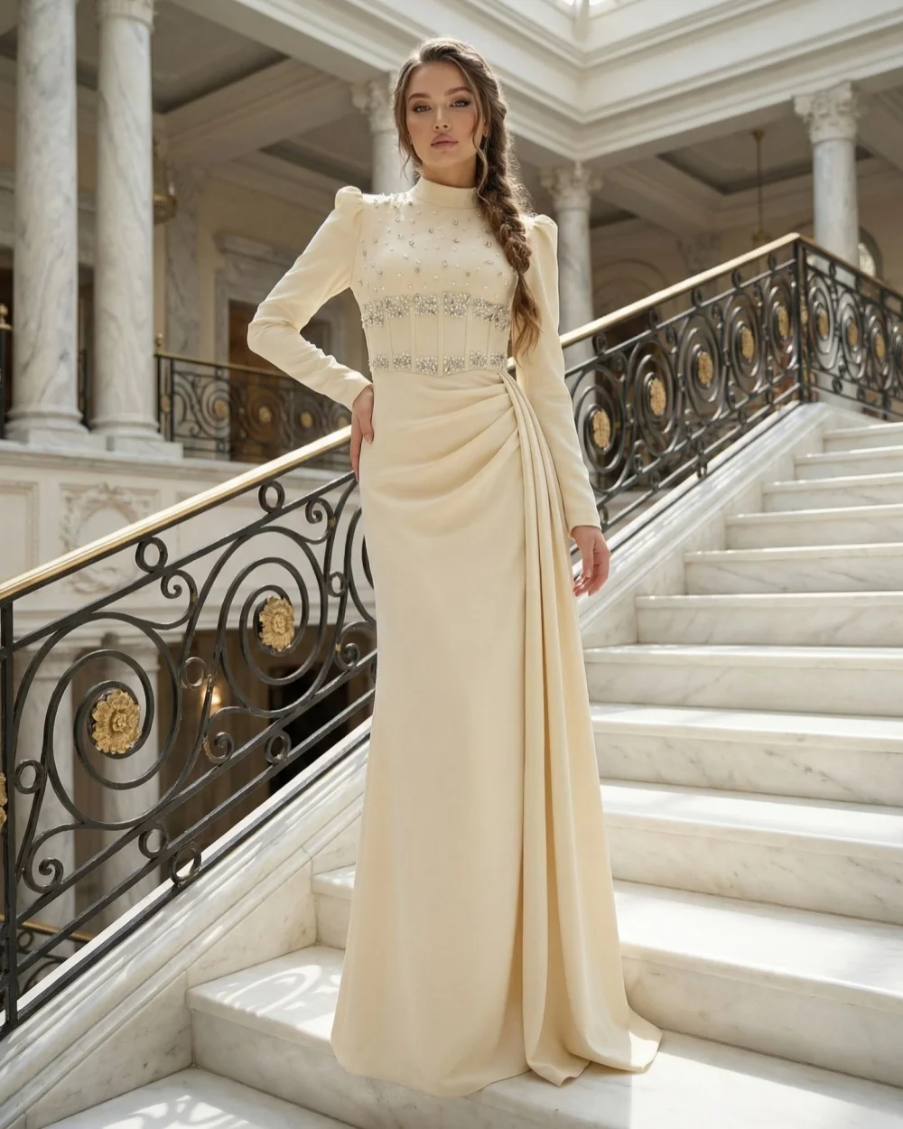 

Customized Modern Style Women Jersey Rhinestone Ruched A-line Evening Dresses Classic Retro High Collar Long Sleeves Party Gowns